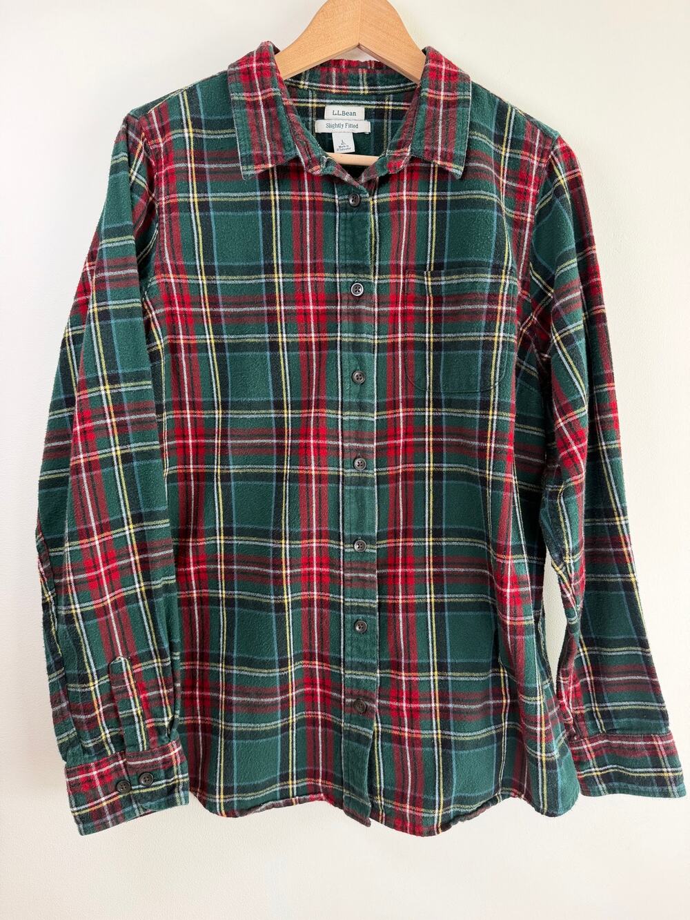 L.L.Bean Women's Green Red Tartan Plaid Flannel Shirt Cotton Slightly Fitted L